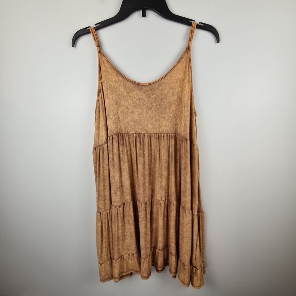 Jodifl Womens Brown Mineral Wash Tiered Babydoll Mini Dress M Spaghetti Strap